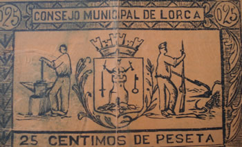 billete de 25 cntimos emitido por el Consejo Municipal de  Lorca